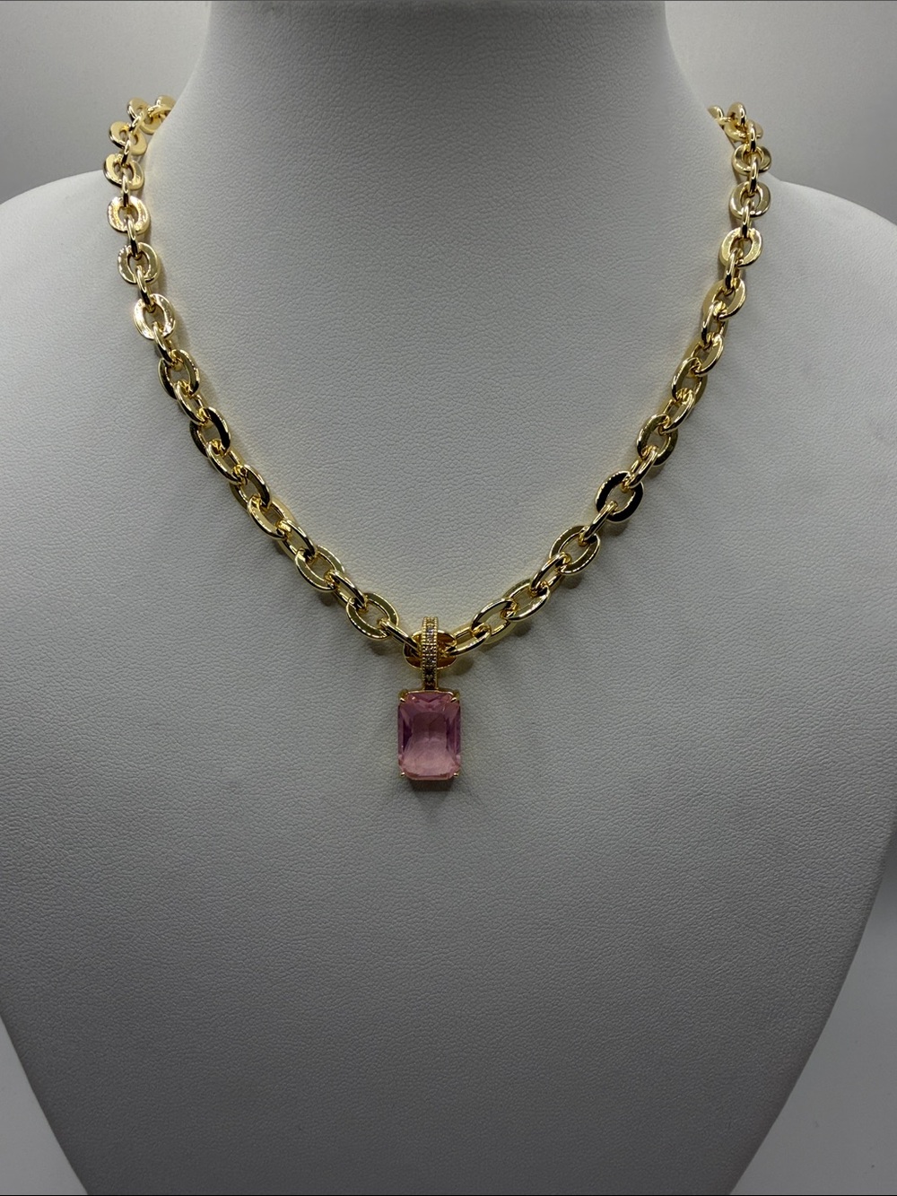 076. 18k Gold Plated Chain Necklace with Pink Crystal Pendant 19 1/2” - 21”1/2”